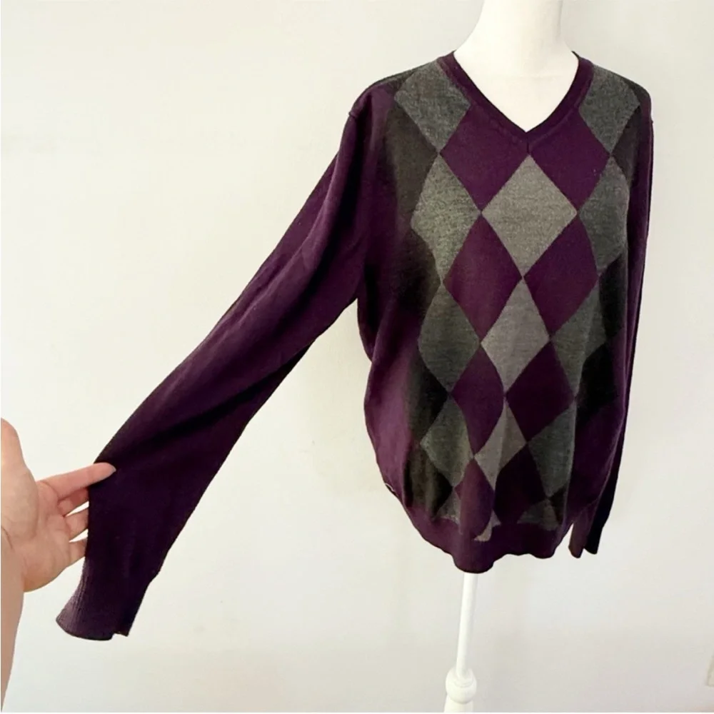 Apt 9 Women Merino Wool Blend Argyle Sweater XL Purple Y2K Dark Academia Preppy
